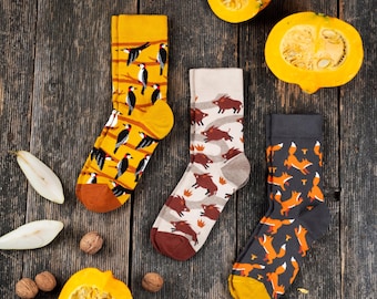 Forest Animal Socks Set 3-Pack, Fox Wild Boar Woodpecker Crew Socks