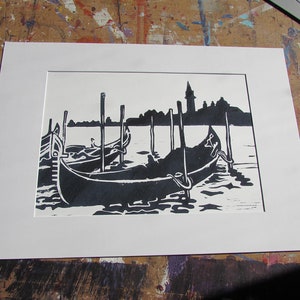 Moonlight Gondola Hand printed Linocut art Print Venice landscape print gift