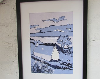 Scottish Highlands Linocut Print: Hand-Printed Landscape Art