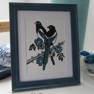 Hand printed Linocut Print | Two for Joy | Magpie Birds | Rose setting | home & living | home decor | Teal |  nature lovers | gifts |