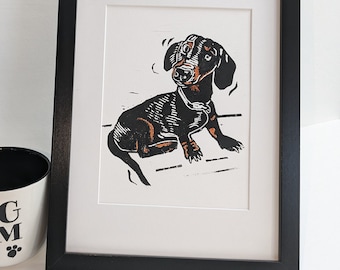 Impresión Linocut original / Dachshund / impresión de perro / Linoprint impreso a mano / Regalo