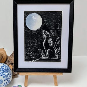 Moongazing Hare Print - Hand printed - Cottagecore decor - Linocut Print - Gift