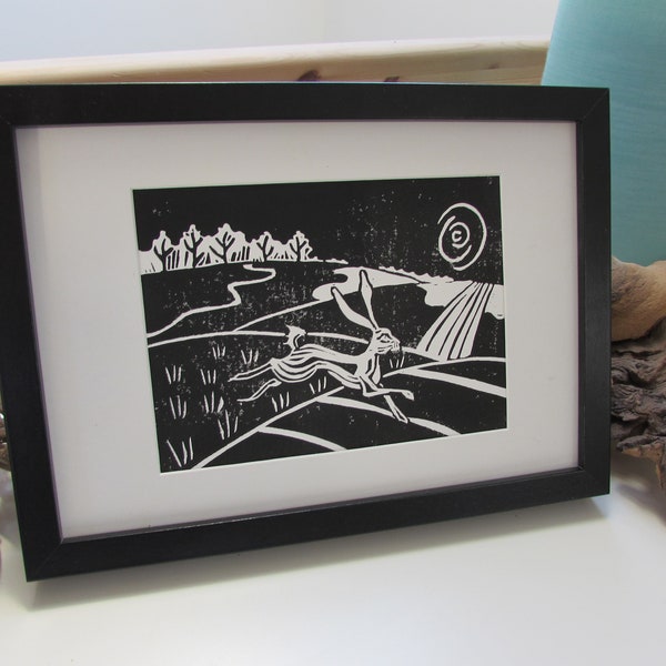 Moonlight Hare - Hand printed - Cottagecore decor - Linocut Print - Gift