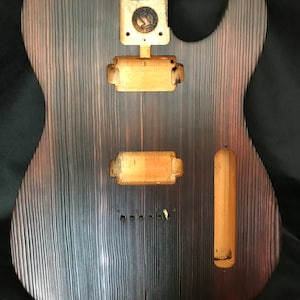 Burnt Pine Tele Body, Deep charred with open flame torch giving amazing relief, nitro satin varnish coated. Great for Burntcaster project.
