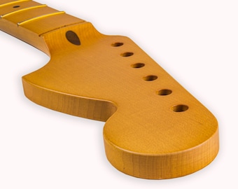 Strat-style CBS Neck made with quarter-sawn or flat-sawn rock maple, Vintage style  with Skunk Stripe. Fretworks done, Nitro coated.