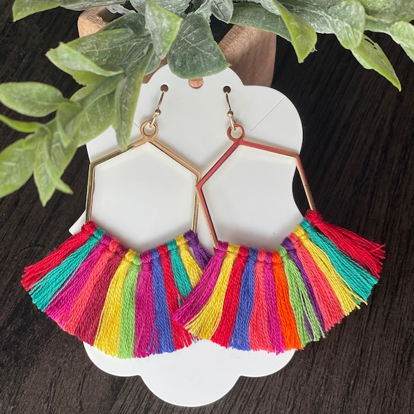 Fiesta. Multicolored tassels on gold hexagon. Tassel Earrings