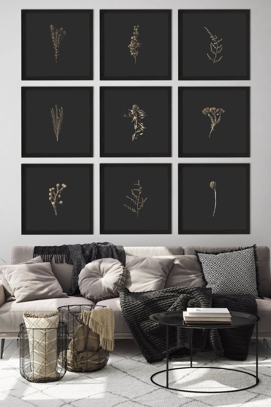 Dark Botanical Print, Black & Gold Wall Art Photography Print, Black