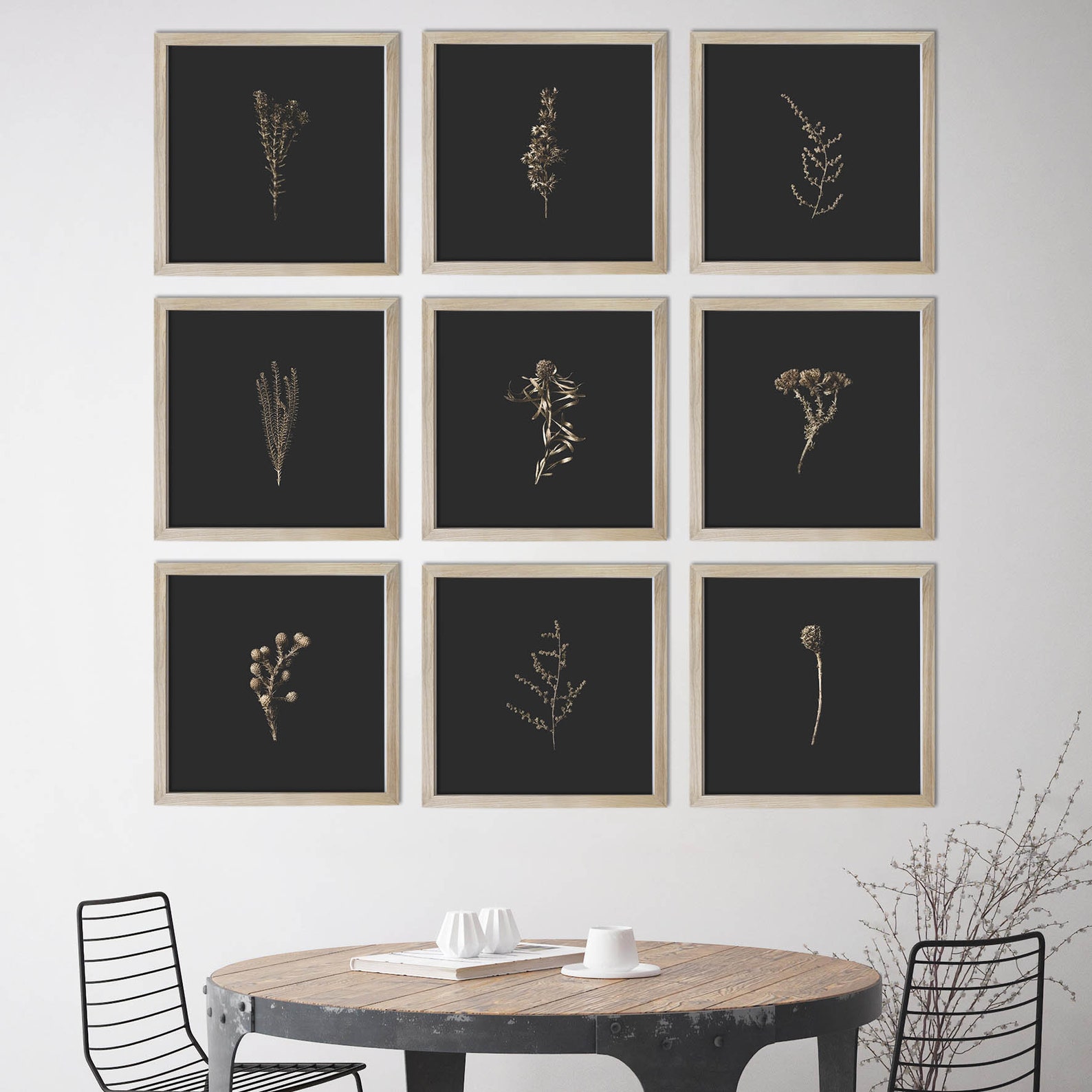 Dark Botanical Print, Black & Gold Wall Art Photography Print, Black