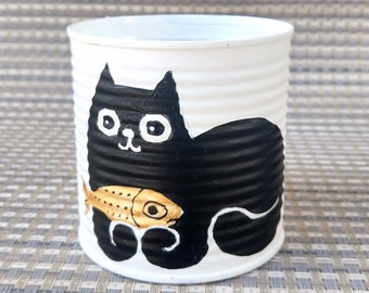 Tin Cans with  Cat, Upcycled Cans, Hand Painted Tin Cans, Anti -stress Cat design  Upcycled Tin Cans, Vase, Storage, Recycling Art.