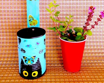 Kitchen Herb Garden Planters, Hand painted Tin Cans for Indore Garden Decoration, Recycled Tin Cans Altered Art