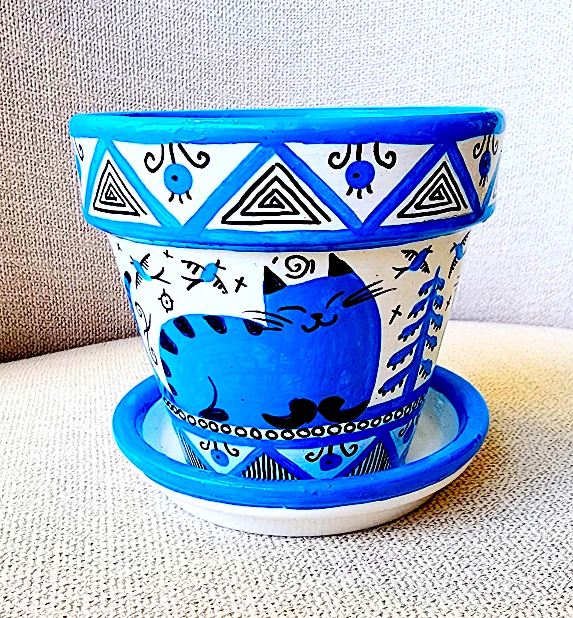 Pot De Fleur Peint À La Main, Pot En Céramique Avec Trou Drainage Et Soucoupe, Cadeau Pour Les Amateurs Chats, Design Chat Mignon