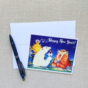 Cartão de Ano Novo retrô com urso polar e morsa, cartão postal de férias vintage com animais do Ártico, ilustração de inverno, cartão de felicitações de animais