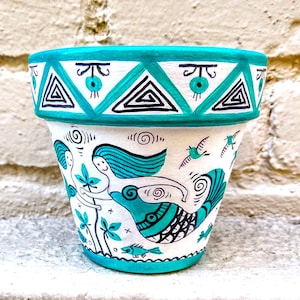 Ceramic Flower Pot with Mermaids. Clay pot with drainage hole. Hand painted flower pot. Folk Art with mermaids.