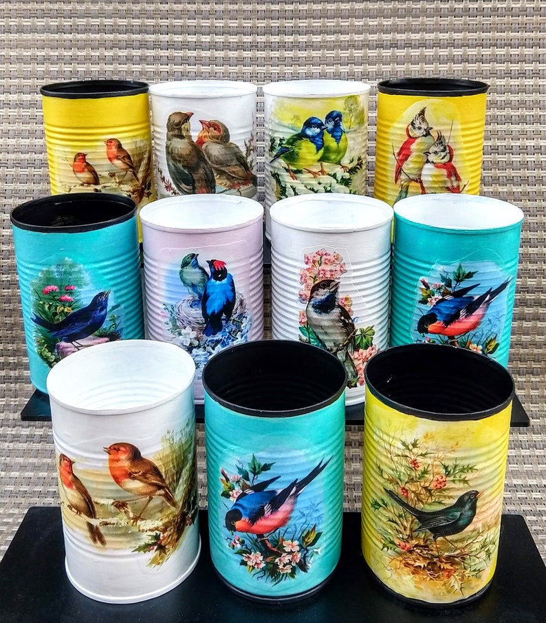 Decoupaged Cans With Birds, Tin Can storage, Vases, Cup Holders, Repurposed Tin Cans, Perfect