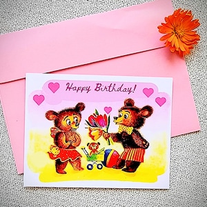 Cartão de Feliz Aniversário Vintage, Ilustração de Família de Urso, Cartão Postal Infantil Retro, Remasterizado pelo Artista, Colecionável Postcad