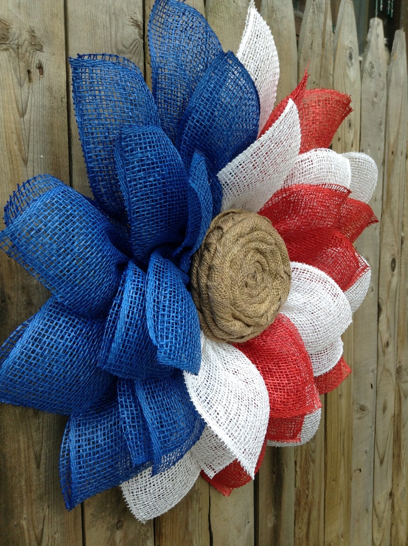 Burlap Sunflower Wreath Patriotic Wreath Patriotic Door Wreath Burlap Flower Wreath Memorial Day Wreath Front Door Wreath
