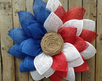 Patriotic Front Door Wreath, Summer Burlap Flower, Memorial Day Wreath, Patriotic Door Decor, 4th of July Wreath, Burlap Sunflower Wreath