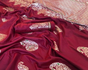 Red Valentine/'s Special Cotton SILK Saree Indian Floral Pattern Woven Sari Clothing Wedding Lovely pallu With Unstitched Running Blouse