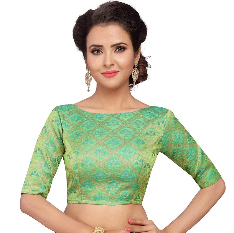 Brocade Green Engagement Wear Jhumka Pattern Readymade Women/'s Poly Silk Saree Blouse with Boat Neck Sari Choli Shirt Elbow length sleeves