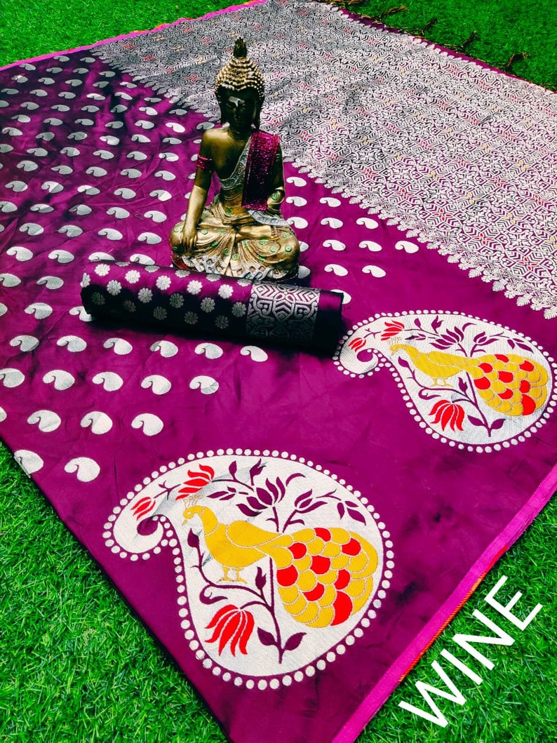 Indian Durga Puja Special Art SILK Saree Women Floral Pattern Saree Sari Clothing Wedding Wear Lovely pallu With Unstitched Running Blouse