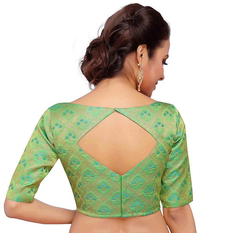 Brocade Green Engagement Wear Jhumka Pattern Readymade Women/'s Poly Silk Saree Blouse with Boat Neck Sari Choli Shirt Elbow length sleeves