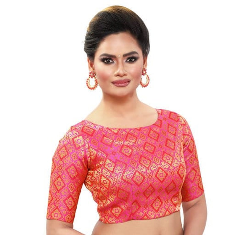 Pink New Readymade Blouse Indian Women/'s Brocade Saree Blouse with Boat Neck Sari Choli Shirt Elbow Sleeves Sari Blouse Saree Choli