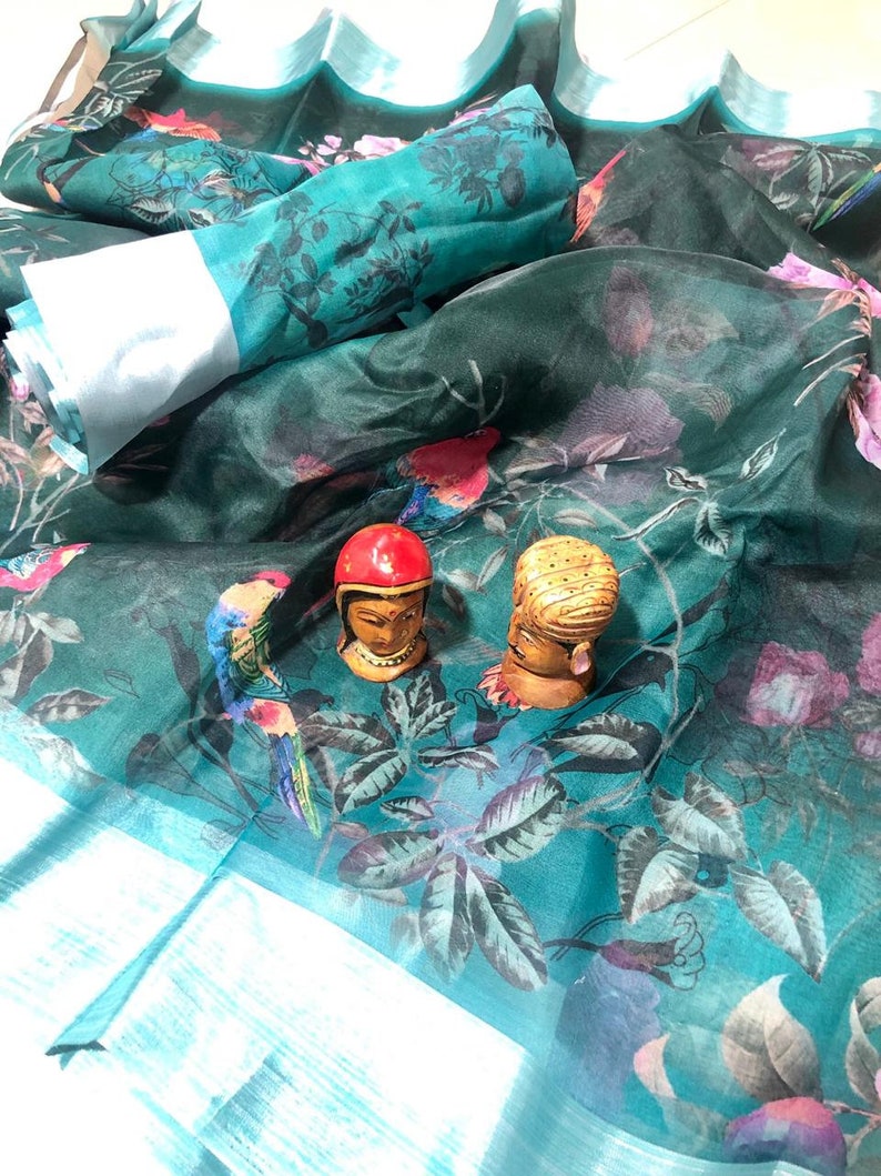 Occasional Wear Linen SILK Saree Indian Digital Floral Printed Sari Clothing Party Wear Lovely pallu With Unstitched Running Blouse