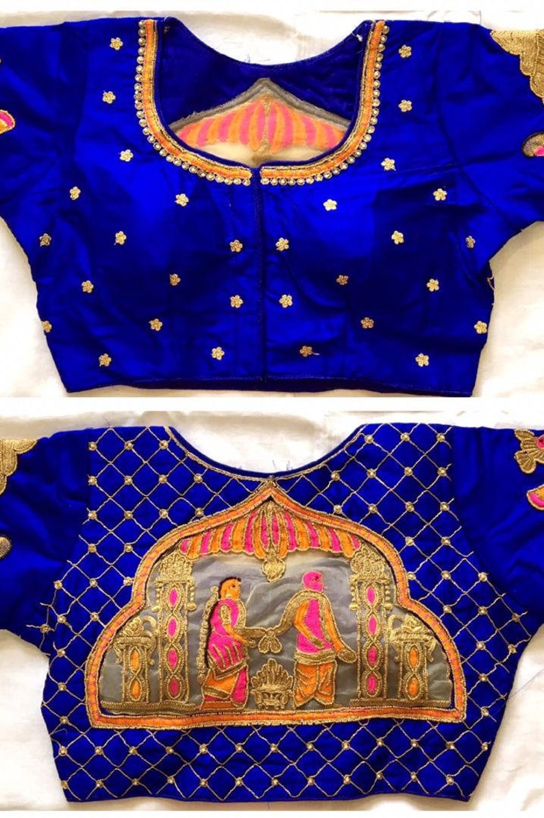 Blue Readymade Saree Blouse Durga Puja Marriage View Embroidered Women/'s Art Silk Saree Blouse Sari Indian Tunic Top Choli Shirt Round Neck
