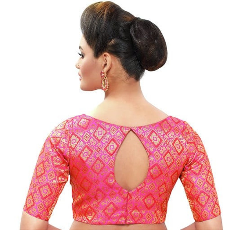 Pink New Readymade Blouse Indian Women/'s Brocade Saree Blouse with Boat Neck Sari Choli Shirt Elbow Sleeves Sari Blouse Saree Choli