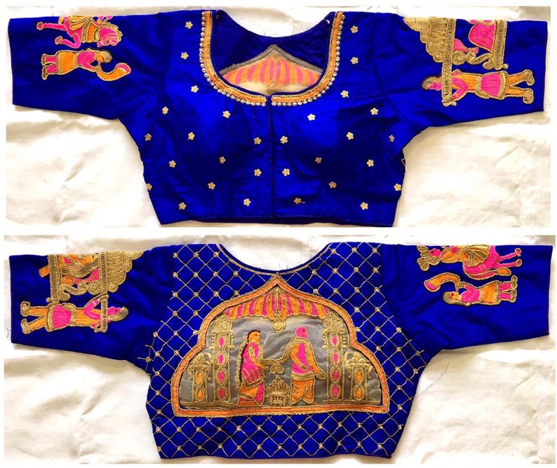 Blue Readymade Saree Blouse Durga Puja Marriage View Embroidered Women/'s Art Silk Saree Blouse Sari Indian Tunic Top Choli Shirt Round Neck