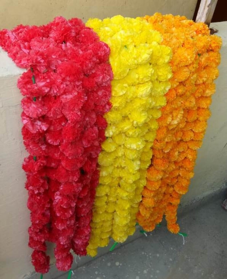 Pack Of 90 Indian Red Yellow Light Orange Artificial Marigold Flower Wedding Decoration Of Doors Temples Windows Walls 5 Feet Garlands