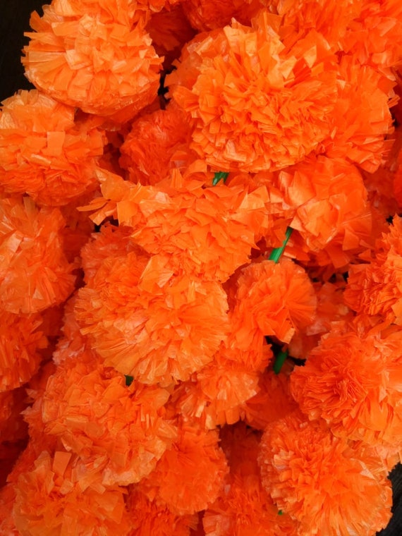 Pack Of 100 Indian Multicolors Artificial Marigold Decoration Fluffy Flower Wedding Home of DoorsTemplesWindowsWalls 5 Feet Garlands