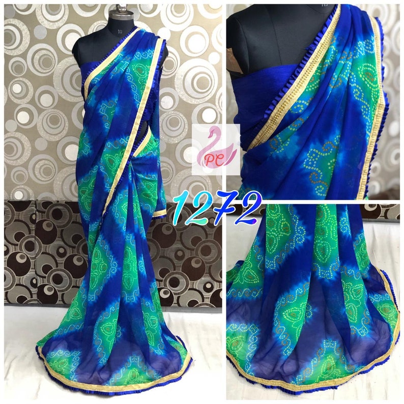 Durga Puja Special Saree Georgette Saree Women Bandhani Tie Dye Printed Sari Clothing Wedding Wear With Unstitched Running Blouse