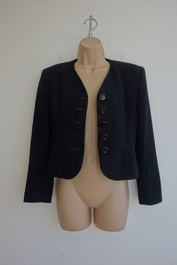 Cropped black jacket vintage Jaeger wool crepe 70… - image 3
