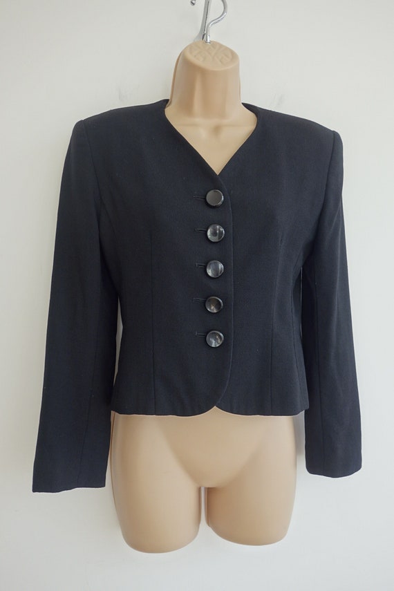 Cropped black jacket vintage Jaeger wool crepe 70… - image 4