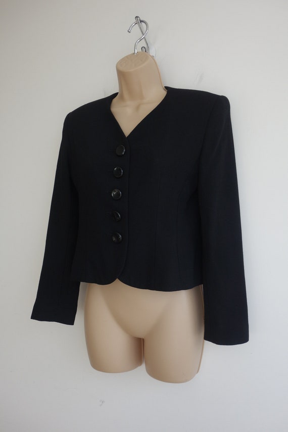 Cropped black jacket vintage Jaeger wool crepe 70… - image 1