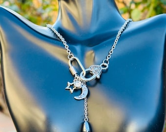Celestial Moon Necklace: Hematite, Stainless Steel Front Clasp
