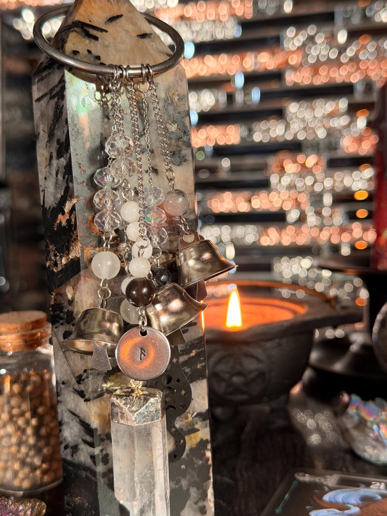 Moon Cat Witch Bells – Ansuz Rune Protection Charm, Black & White Lunar ...