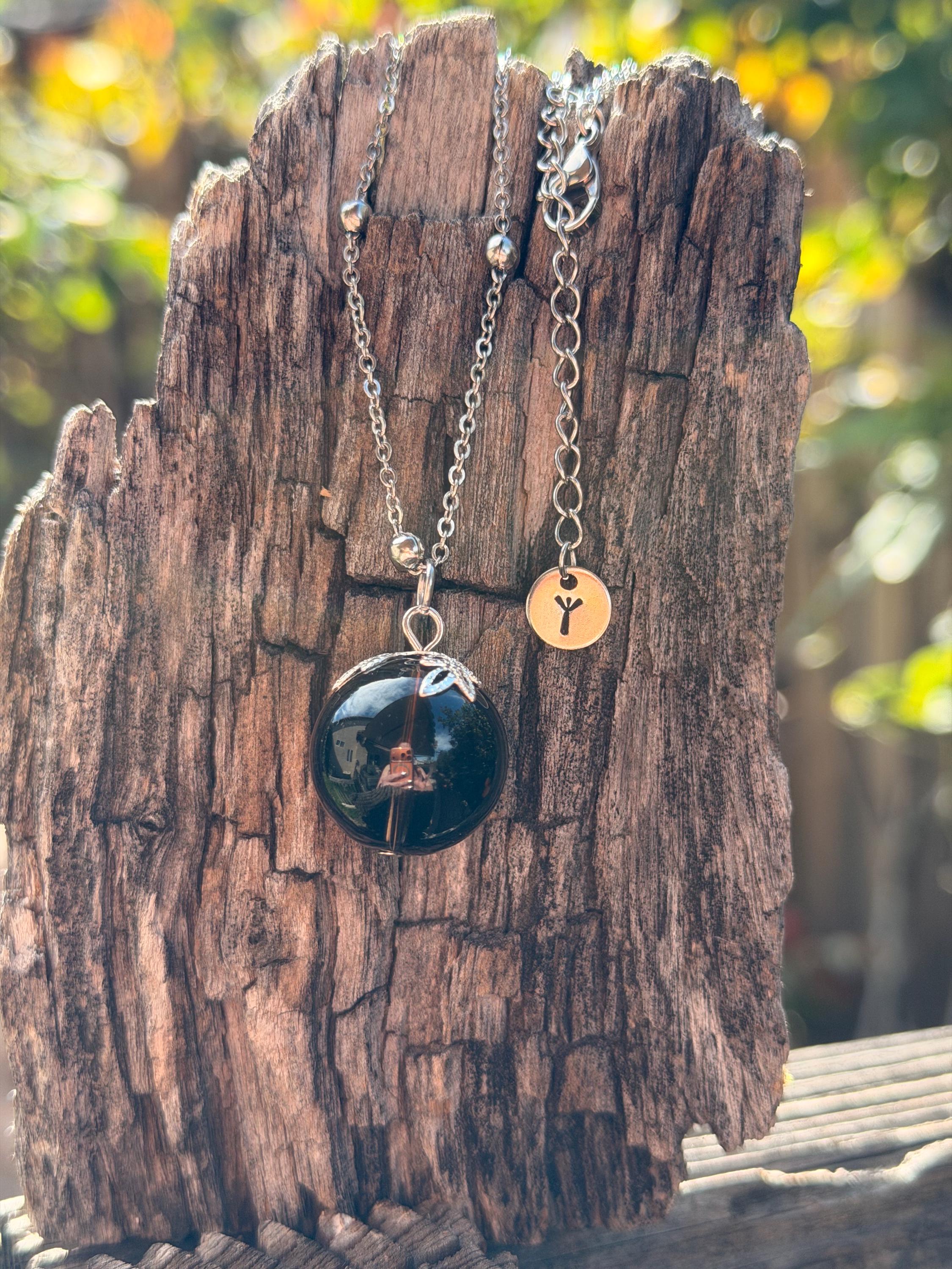 Smoky Quartz Crystal Ball Necklace, Rune Charm, Ethereal Witchy 