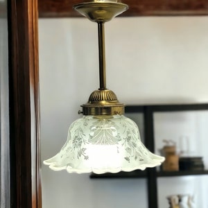 Art Nouveau pendant lamp in bronze and brass with glass shade with floral motifs