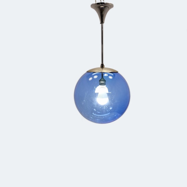 Suspension en laiton chromé boule vintage bleue transparente