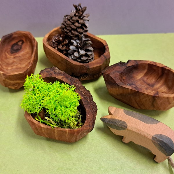 Smaller wooden bowls decoration for seasonal tables, children's rooms, dwarf caves, gnome houses or nativity scenes. Different shapes and woods