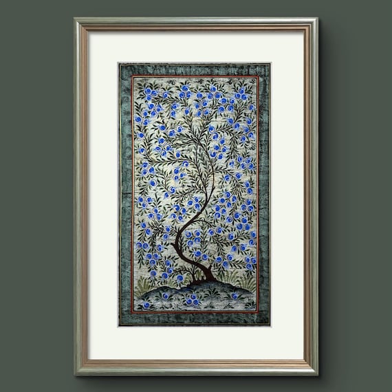 Tree of Paradise - Hoopoe Bird Miniature Painting on Antique Fine Silk Paper | Central Asian Cultural Heritage | Luxury Home Decor (MATTED)