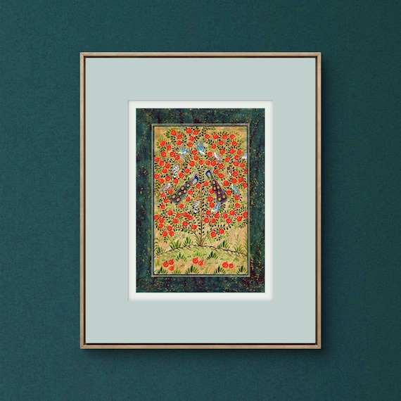 Tree of Paradise - Hoopoe Bird - Pomegranates Miniature Painting on Paper | Central Asian Cultural Heritage | Luxury Home Decor Art (MATTED)