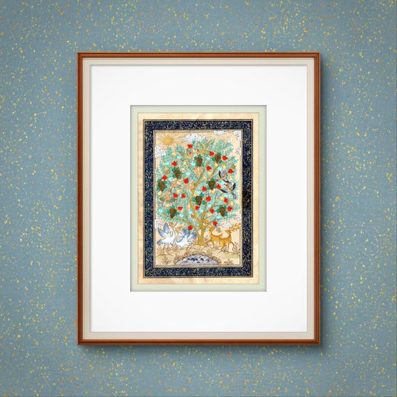 Tree of Paradise - Hoopoe Bird Miniature Painting on Antique Fine Silk Paper | Central Asian Cultural Heritage | Luxury Home Decor*UNFRAMED*