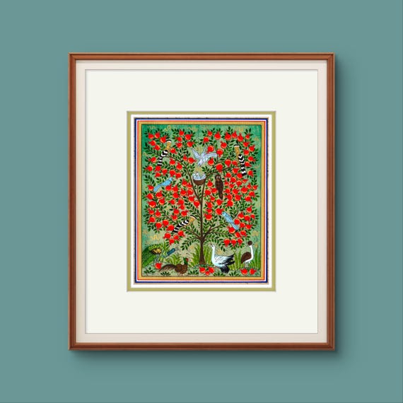 Tree of Paradise - Miniature Painting on Antique Fine Silk Paper | Central Asian Cultural Heritage | Luxury Home Decor (UNFRAMED)