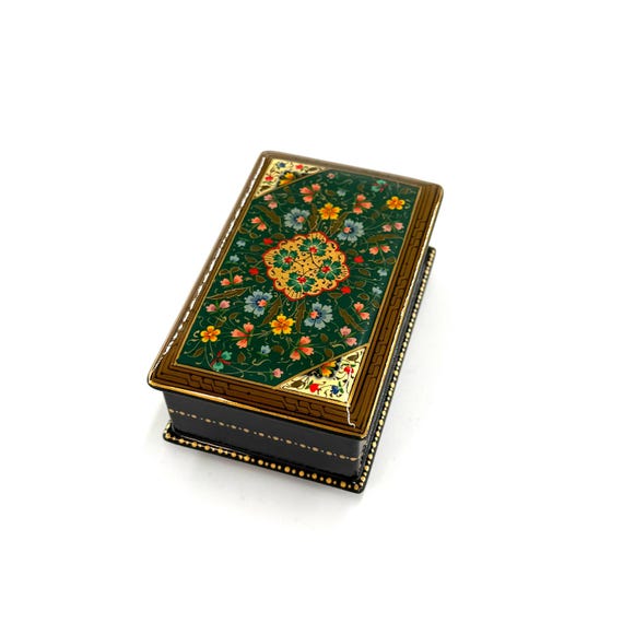 Papier-Mache Lacquered Jewelry Box - Handcrafted Ultra Fine Patterns over Gold Leaf Plated Elegance | Luxury Velvet-Lined | Unique Tiny Box