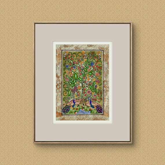 Tree of Paradise - Hoopoe Bird - Pomegranates Miniature Painting on Paper | Central Asian Cultural Heritage | Luxury Home Decor Art (MATTED)