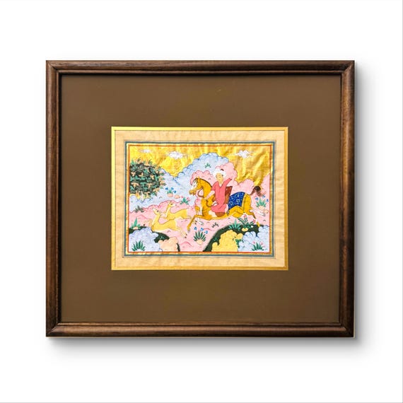 Art Fine Oriental Miniature painting, “The Hunter Prince” hunting Scene from SHAHNAMEH Central Asian Fine Art piece framed fine walnut