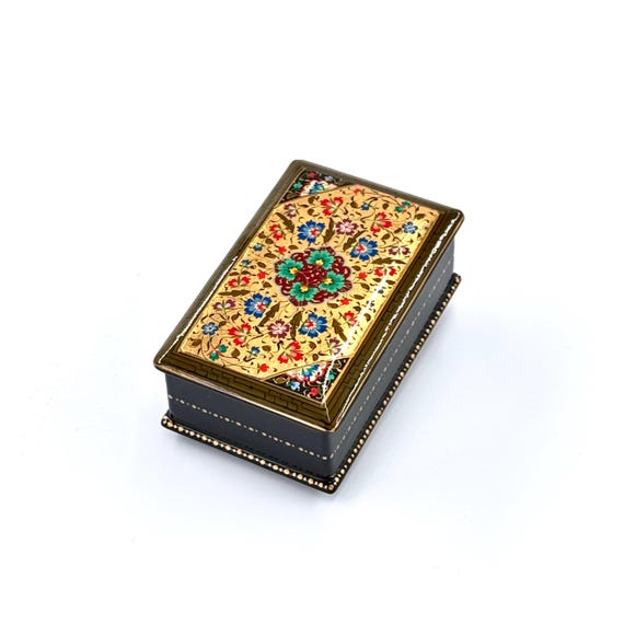 Papier-Mache Lacquered Jewelry Box - Handcrafted Ultra Fine Patterns over Gold Leaf Plated Elegance | Luxury Velvet-Lined | Unique Tiny Box